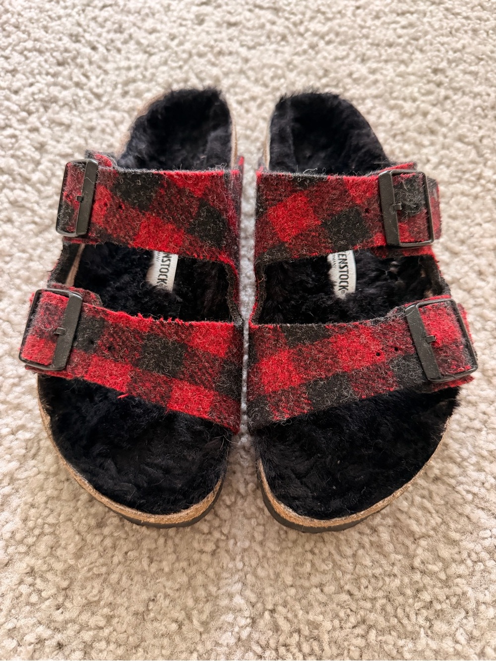Birkenstock Red Plaid Fuzzy Two-Strap Sandal